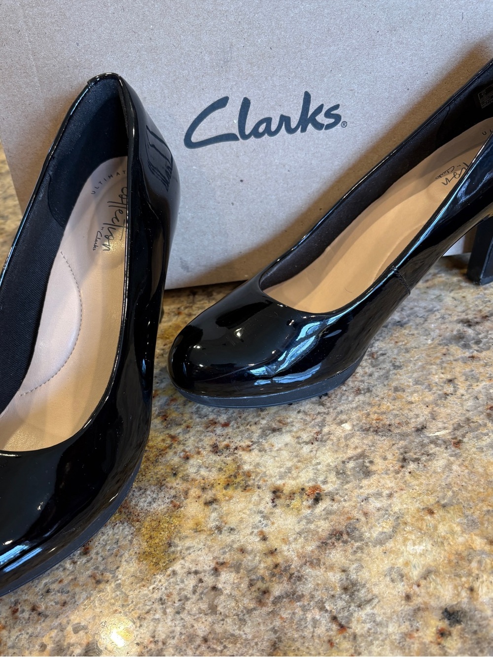 Clarks Black Patent Block Heel Pumps